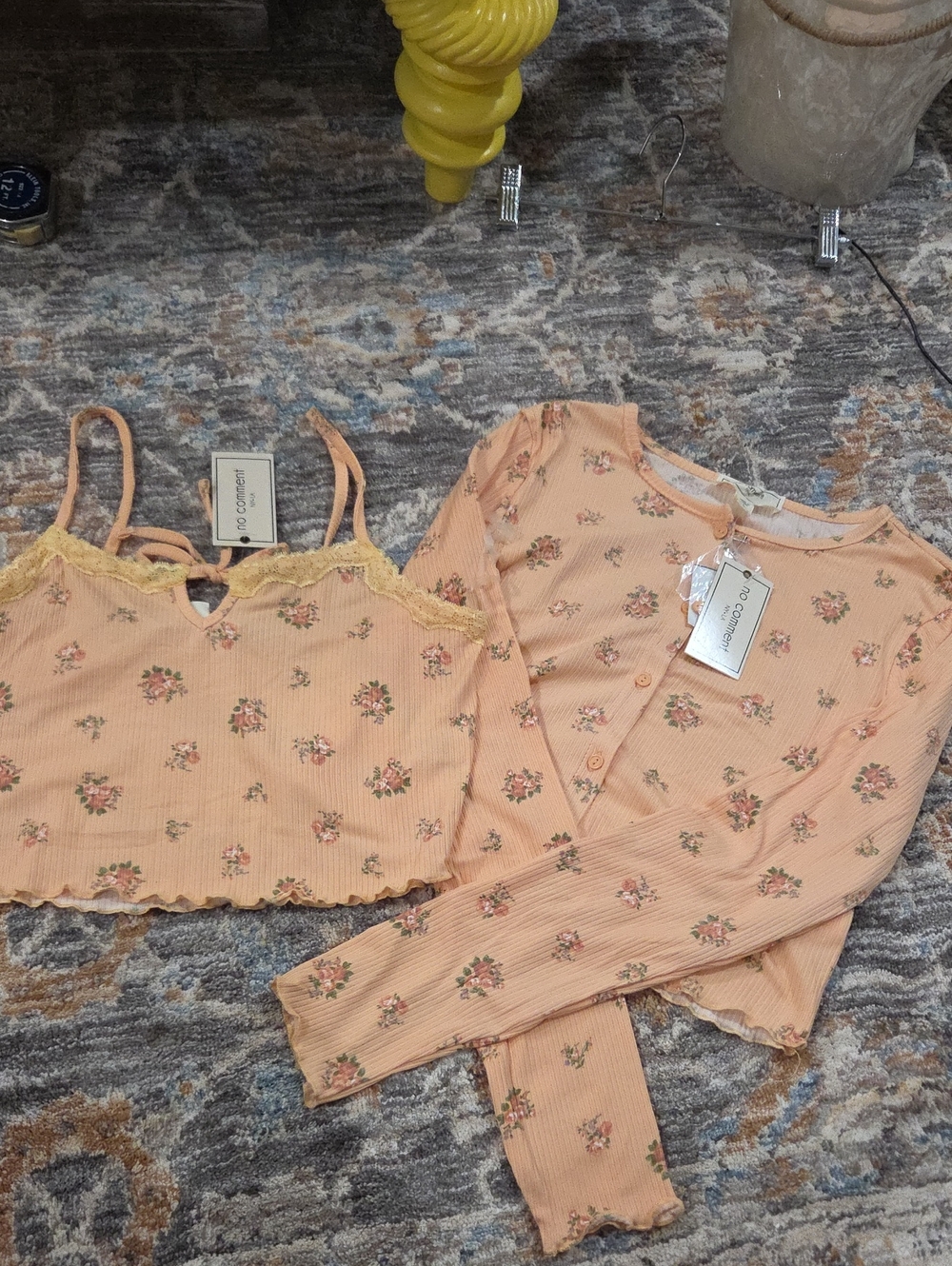 Cozy Floral Ribbed Peach Lounge Crop Top & Cardigan Set